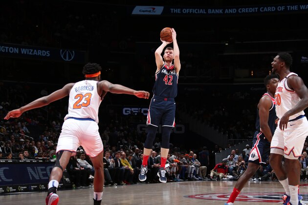 WASHINGTON, DC - MARCH 10: Davis Bertans #42 of the Washington Wizards shoots three point basket against the New York Knicks on March 10, 2020 at Capital One Arena in Washington, DC. NOTE TO USER: User expressly acknowledges and agrees that, by downloading and or using this Photograph, user is consenting to the terms and conditions of the Getty Images License Agreement. Mandatory Copyright Notice: Copyright 2020 NBAE (Photo by Ned Dishman/NBAE via Getty Images) WASHINGTON, DC - MARCH 10: Davis Bertans #42 of the Washington Wizards shoots three point basket against the New York Knicks on March 10, 2020 at Capital One Arena in Washington, DC. NOTE TO USER: User expressly acknowledges and agrees that, by downloading and or using this Photograph, user is consenting to the terms and conditions of the Getty Images License Agreement. Mandatory Copyright Notice: Copyright 2020 NBAE (Photo by Ned Dishman/NBAE via Getty Images)