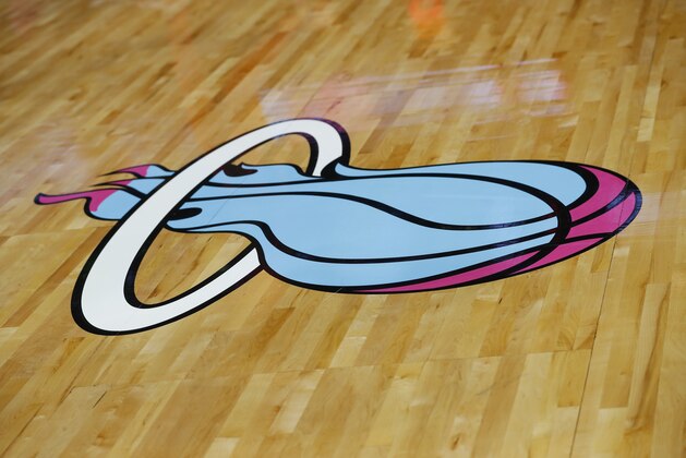 A Miami Heat logo is shown before the start of an NBA basketball game between the Heat and the Washington Wizards, Saturday, Nov. 10, 2018, in Miami. (AP Photo/Wilfredo Lee)
