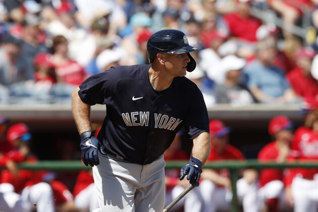 New York Yankees catcher Chris Iannetta runs to first during a spring training baseball game against the Philadelphia Phillies, Monday, March 9, 2020, in Clearwater, Fla. (AP Photo/Carlos Osorio) New York Yankees catcher Chris Iannetta runs to first during a spring training baseball game against the Philadelphia Phillies, Monday, March 9, 2020, in Clearwater, Fla. (AP Photo/Carlos Osorio)