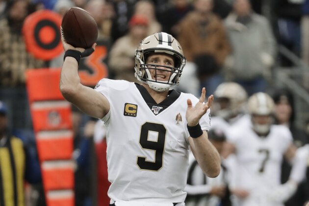 New Orleans Saints quarterback Drew Brees passes against the Tennessee Titans in the first half of an NFL football game Sunday, Dec. 22, 2019, in Nashville, Tenn. (AP Photo/James Kenney) New Orleans Saints quarterback Drew Brees passes against the Tennessee Titans in the first half of an NFL football game Sunday, Dec. 22, 2019, in Nashville, Tenn. (AP Photo/James Kenney)