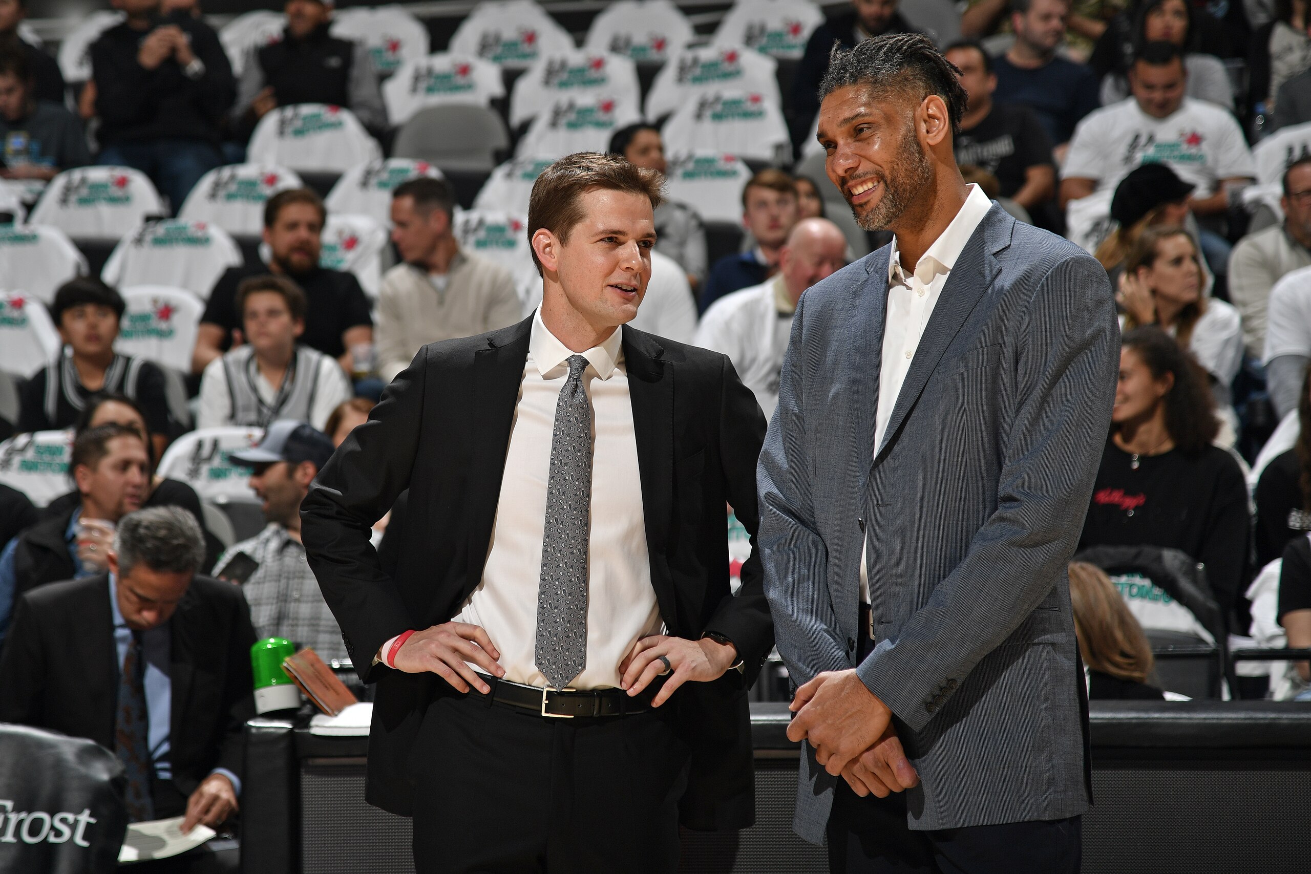 SAN ANTONIO, TX - DECEMBER 6: Will Hardy and Tim Duncan of the San Antonio Spurs talk on the court before the game against the Sacramento Kings on December 6, 2019 at the AT&T Center in San Antonio, Texas. NOTE TO USER: User expressly acknowledges and agrees that, by downloading and or using this photograph, user is consenting to the terms and conditions of the Getty Images License Agreement. Mandatory Copyright Notice: Copyright 2019 NBAE (Photos by Logan Riely/NBAE via Getty Images) SAN ANTONIO, TX - DECEMBER 6: Will Hardy and Tim Duncan of the San Antonio Spurs talk on the court before the game against the Sacramento Kings on December 6, 2019 at the AT&T Center in San Antonio, Texas. NOTE TO USER: User expressly acknowledges and agrees that, by downloading and or using this photograph, user is consenting to the terms and conditions of the Getty Images License Agreement. Mandatory Copyright Notice: Copyright 2019 NBAE (Photos by Logan Riely/NBAE via Getty Images)