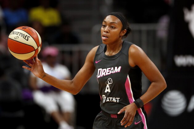 Atlanta Dream guard Renee Montgomery (21) cases the ball in the first half of a WNBA basketball game against the Chicago Sky Tuesday, Aug. 20, 2019, in Atlanta. (AP Photo/John Bazemore)