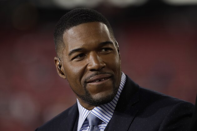 Michael Strahan before the NFL NFC Championship football game between the San Francisco 49ers and the Green Bay Packers Sunday, Jan. 19, 2020, in Santa Clara, Calif. (AP Photo/Marcio Jose Sanchez)