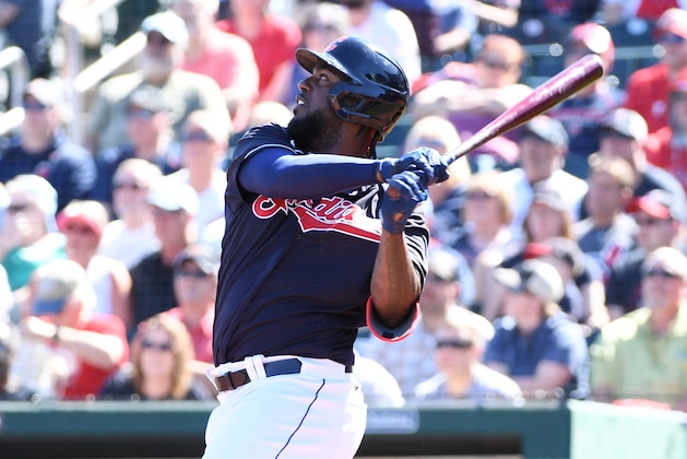 GOODYEAR, ARIZONA - MARCH 03: Franmil Reyes #32 of the Cleveland Indians hits a two run home run against the Los Angeles Angels during the second inning of a spring training game at Goodyear Ballpark on March 03, 2020 in Goodyear, Arizona. (Photo by Norm Hall/Getty Images)