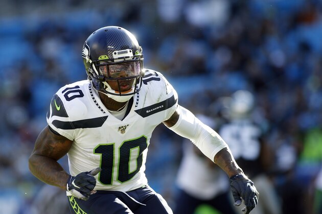 In this Dec. 15, 2019 photo Seattle Seahawks wide receiver Josh Gordon (10) sets up against the Carolina Panthers during the second half of an NFL football game in Charlotte, N.C. The NFL has suspended indefinitely Josh Gordon for violating league policies on performance enhancers. Gordon was reinstated by the NFL in August after having been suspended indefinitely in December 2018, missing the final three games of last season for violations of the league's substance abuse policy. (AP Photo/Brian Blanco)