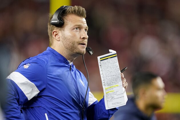 Los Angeles Rams coach Sean McVay watches during the first half of the team's NFL football game against the San Francisco 49ers in Santa Clara, Calif., Saturday, Dec. 21, 2019. (AP Photo/Tony Avelar)