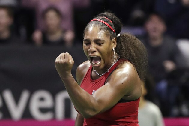 United States' Serena Williams reacts after winning a decisive point late in her match against Latvia's Jelena Ostapenko during a Fed Cup qualifying tennis match Friday, Feb. 7, 2020, in Everett, Wash. Williams won 2-0. (AP Photo/Elaine Thompson)