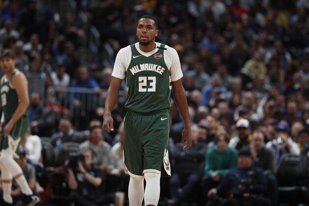 Milwaukee Bucks guard Sterling Brown (23) in the second half of an NBA basketball game Monday, March 9, 2020, in Denver. The Nuggets won 109-95. (AP Photo/David Zalubowski)