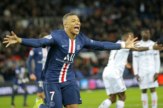 PSG's Kylian Mbappe celebrates after scoring his side's fourth goal during the French League One soccer match between Paris-Saint-Germain and Dijon, at the Parc des Princes stadium in Paris, France, Saturday, Feb. 29, 2020. (AP Photo/Michel Euler)