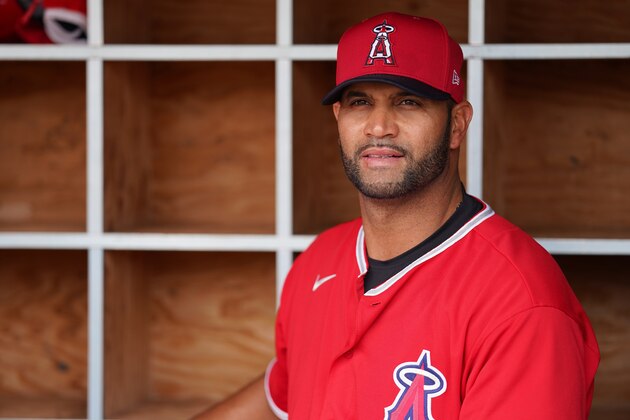 TEMPE, AZ - FEBRUARY 28: Albert Pujols of the Los Angeles Angels looks on during the spring training game against the Texas Rangers on February 28, 2020 in Tempe, Arizona. (Photo by Masterpress/Getty Images)
