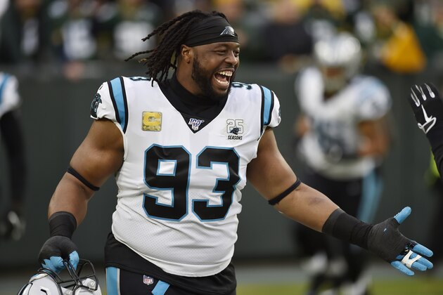GREEN BAY, WISCONSIN - NOVEMBER 10: Gerald McCoy #93 of the Carolina Panthers smiles before the game against the Green Bay Packers at Lambeau Field on November 10, 2019 in Green Bay, Wisconsin. (Photo by Quinn Harris/Getty Images)