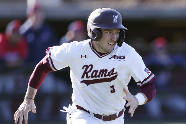 Fordham's' Jake MacKenzie runs to first during an NCAA baseball game against NJIT on Wednesday, March 4, 2020, in New York. Fordham won 3-1. (AP Photo/Vera Nieuwenhuis)