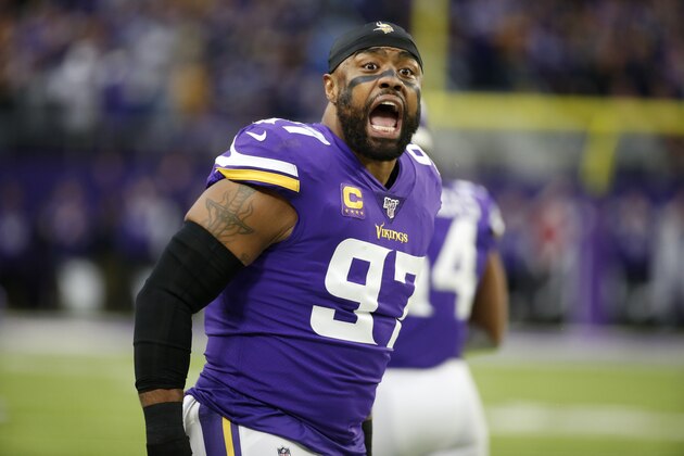 Minnesota Vikings defensive end Everson Griffen reacts on the field before an NFL football game against the Detroit Lions, Sunday, Dec. 8, 2019, in Minneapolis. (AP Photo/Bruce Kluckhohn)