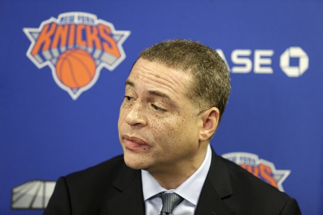 New York Knicks' general manager Scott Perry speaks to reporters at a news conference in Tarrytown, N.Y., Thursday, April 12, 2018. The Knicks fired coach Jeff Hornacek early Thursday, making the decision shortly after beating Cleveland on Wednesday night to finish a 29-53 season. They lost more than 50 games and missed the playoffs both seasons under Hornacek. (AP Photo/Seth Wenig)