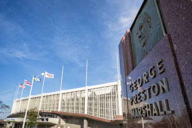 The George Preston Marshall monument outside RFK stadium in Washington, Thursday, Dec. 14, 2017. A group of Native American activists held a news conference Thrusday to call for the renaming of the
