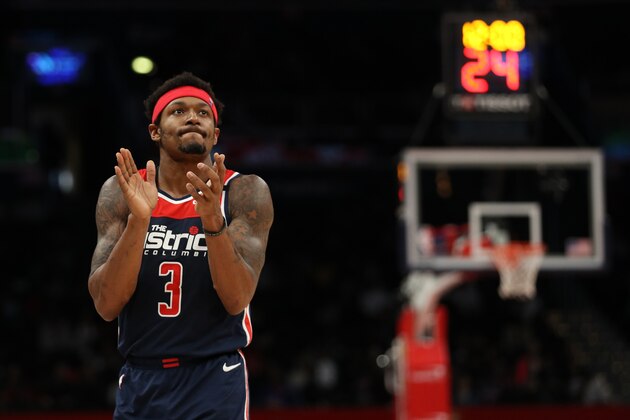 WASHINGTON, DC - MARCH 10: Bradley Beal #3 of the Washington Wizards in action against the New York Knicks during the first half at Capital One Arena on March 10, 2020 in Washington, DC. NOTE TO USER: User expressly acknowledges and agrees that, by downloading and or using this photograph, User is consenting to the terms and conditions of the Getty Images License Agreement. (Photo by Patrick Smith/Getty Images)