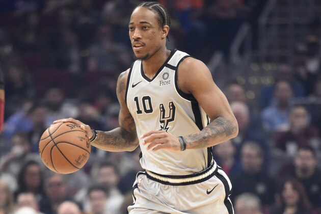 CLEVELAND, OHIO - MARCH 08: DeMar DeRozan #10 of the San Antonio Spurs drives down court during the first half against the Cleveland Cavaliers at Rocket Mortgage Fieldhouse on March 08, 2020 in Cleveland, Ohio. NOTE TO USER: User expressly acknowledges and agrees that, by downloading and/or using this photograph, user is consenting to the terms and conditions of the Getty Images License Agreement. (Photo by Jason Miller/Getty Images)