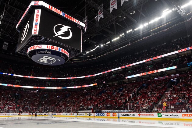 MONTREAL, QC - MAY 03:  The Tampa Bay Lightning logo is displayed on the screen prior to Game Two of the Eastern Conference Semifinals against the Montreal Canadiens during the 2015 NHL Stanley Cup Playoffs at the Bell Centre on May 3, 2015 in Montreal, Quebec, Canada. The Tampa Bay Lightning defeated the Montreal Canadiens 6-2 and take a 2-0 lead in the series. (Photo by Minas Panagiotakis/Getty Images)