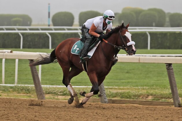 Robin Smullen rides Tiz the Law during a workout at Belmont Park in Elmont, N.Y., Friday, June 19, 2020. (AP Photo/Seth Wenig)