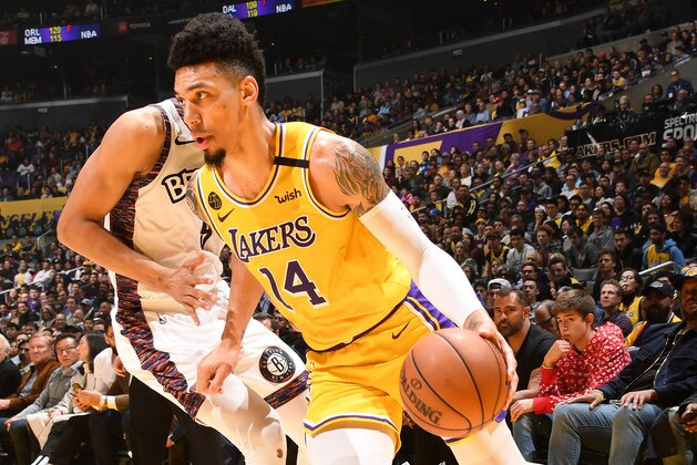 LOS ANGELES, CA - MARCH 10: Danny Green #14 of the Los Angeles Lakers handles the ball against the Brooklyn Nets on March 10, 2020 at STAPLES Center in Los Angeles, California. NOTE TO USER: User expressly acknowledges and agrees that, by downloading and/or using this Photograph, user is consenting to the terms and conditions of the Getty Images License Agreement. Mandatory Copyright Notice: Copyright 2020 NBAE (Photo by Andrew D. Bernstein/NBAE via Getty Images)
