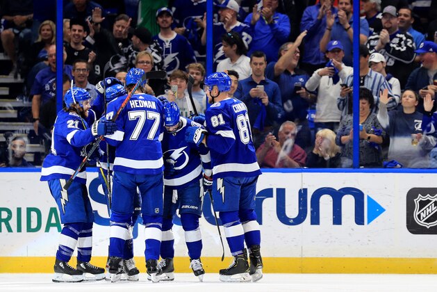 TAMPA, FLORIDA - FEBRUARY 25: Nikita Kucherov #86 of the Tampa Bay Lightning celebrates a goal during a game against the Toronto Maple Leafs at Amalie Arena on February 25, 2020 in Tampa, Florida. (Photo by Mike Ehrmann/Getty Images) TAMPA, FLORIDA - FEBRUARY 25: Nikita Kucherov #86 of the Tampa Bay Lightning celebrates a goal during a game against the Toronto Maple Leafs at Amalie Arena on February 25, 2020 in Tampa, Florida. (Photo by Mike Ehrmann/Getty Images)