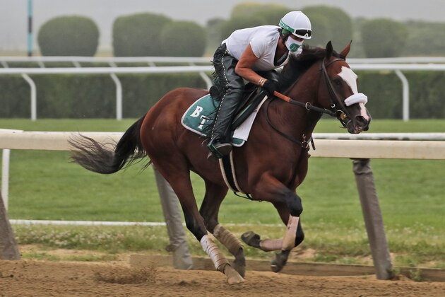 Robin Smullen rides Tiz the Law during a workout at Belmont Park in Elmont, N.Y., Friday, June 19, 2020. The Belmont Stakes is scheduled to run on Saturday. (AP Photo/Seth Wenig)