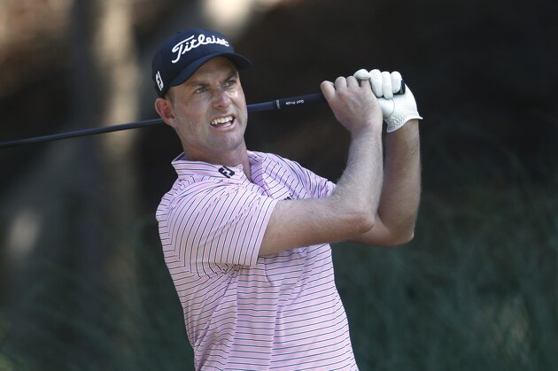 Webb Simpson tees off during the second round of the RBC Heritage golf tournament, Friday, June 19, 2020, in Hilton Head Island, S.C. (AP Photo/Gerry Broome)