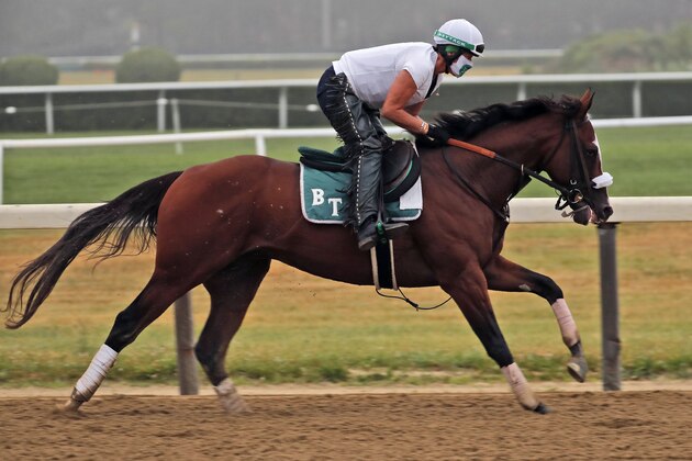 Belmont Stakes hopeful Robin Smullen rides Tiz the Law during a workout at Belmont Park in Elmont, N.Y., Friday, June 19, 2020. The Belmont Stakes is scheduled to run on Saturday. (AP Photo/Seth Wenig)