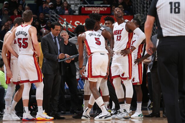NEW ORLEANS, LA - MARCH 6: Erik Spoelstra of the Miami Heat draws up a play in the huddle during the game on March 6, 2020 at the Smoothie King Center in New Orleans, Louisiana. NOTE TO USER: User expressly acknowledges and agrees that, by downloading and or using this Photograph, user is consenting to the terms and conditions of the Getty Images License Agreement. Mandatory Copyright Notice: Copyright 2020 NBAE (Photo by Layne Murdoch Jr./NBAE via Getty Images)