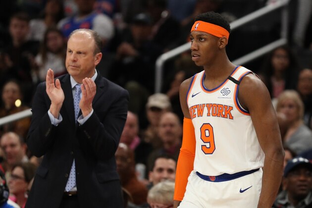 WASHINGTON, DC - MARCH 10: Head coach Mike Miller of the New York Knicks and RJ Barrett #9 of the New York Knicks look on against the Washington Wizards during the first half at Capital One Arena on March 10, 2020 in Washington, DC. NOTE TO USER: User expressly acknowledges and agrees that, by downloading and or using this photograph, User is consenting to the terms and conditions of the Getty Images License Agreement. (Photo by Patrick Smith/Getty Images)