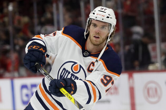Edmonton Oilers center Connor McDavid warms up before an NHL hockey game against the Chicago Blackhawks in Chicago, Thursday, March 5, 2020. (AP Photo/Nam Y. Huh)