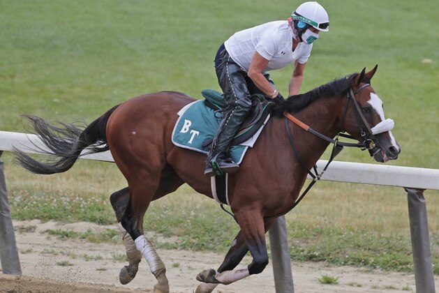 Robin Smullen rides Belmont Stakes favorite Tiz the Law during a workout at Belmont Park in Elmont, N.Y., Thursday, June 18, 2020.(AP Photo/Seth Wenig)