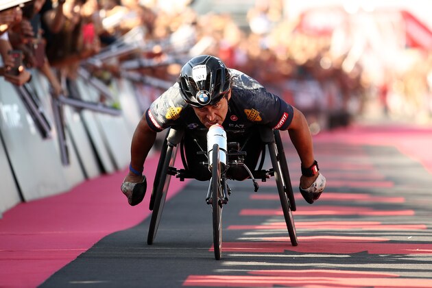 CERVIA, ITALY - SEPTEMBER 21: Alex Zanardi of Italy crosses the finish line in IRONMAN Italy on September 21, 2019 in Cervia, Italy. (Photo by Bryn Lennon/Getty Images for IRONMAN)