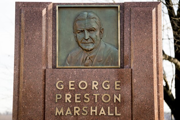 The George Preston Marshall monument outside RFK stadium in Washington, Thursday, Dec. 14, 2017. A group of Native American activists held a news conference Thrusday to call for the renaming of the