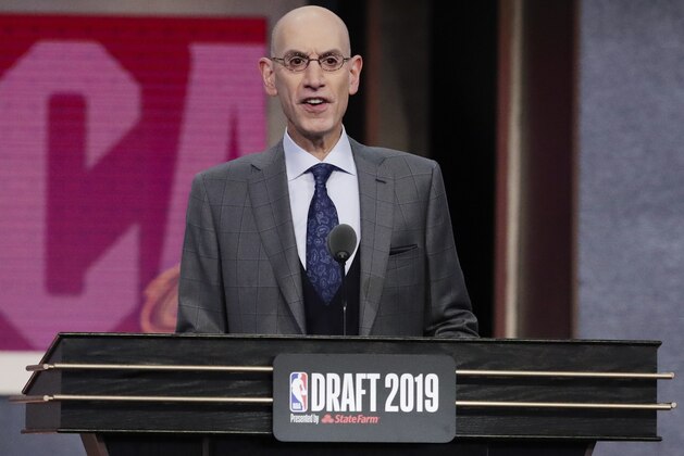 NBA Commissioner Adam Silver announces Vanderbilt's Darius Garland as the fifth pick overall by the Cleveland Cavaliers in the NBA basketball draft Thursday, June 20, 2019, in New York. (AP Photo/Julio Cortez)
