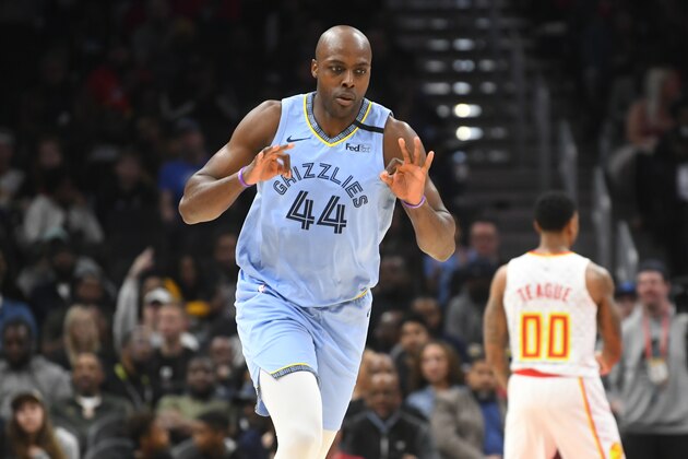 Memphis Grizzlies Anthony Tolliver reacts after a three-point basket against the Atlanta Hawks during the second half of an NBA basketball game Monday, March 2, 2020, in Atlanta. (AP Photo/John Amis) Memphis Grizzlies Anthony Tolliver reacts after a three-point basket against the Atlanta Hawks during the second half of an NBA basketball game Monday, March 2, 2020, in Atlanta. (AP Photo/John Amis)