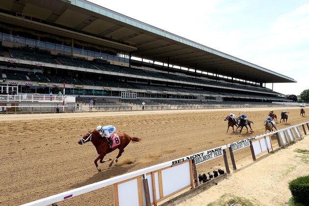 ELMONT, NEW YORK - JUNE 20:  Happy Saver with Irad Ortiz Jr up wins thew Maiden  prior to the 152nd running of the Belmont Stakes  at Belmont Park on June 20, 2020 in Elmont, New York. (Photo by Al Bello/Getty Images)