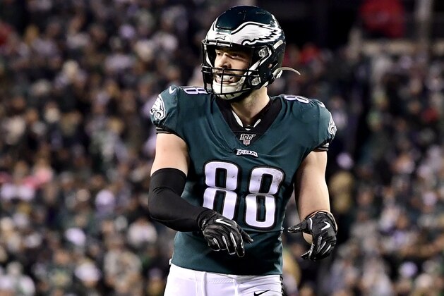 PHILADELPHIA, PENNSYLVANIA - JANUARY 05:  Dallas Goedert #88 of the Philadelphia Eagles looks on against the Seattle Seahawks in the NFC Wild Card Playoff game at Lincoln Financial Field on January 05, 2020 in Philadelphia, Pennsylvania. (Photo by Steven Ryan/Getty Images)