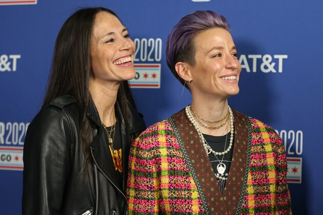 CHICAGO, IL - FEBRUARY 16: Sue Bird of the Seattle Storm and Megan Rapinoe of USA soccer talk with Chiney Ogwumike of the Los Angeles Sparks during the 69th NBA All-Star Game as part of 2020 NBA All-Star Weekend on February 16, 2020 at United Center in Chicago, Illinois. NOTE TO USER: User expressly acknowledges and agrees that, by downloading and/or using this Photograph, user is consenting to the terms and conditions of the Getty Images License Agreement. Mandatory Copyright Notice: Copyright 2020 NBAE (Photo by Allison Farrand/NBAE via Getty Images)