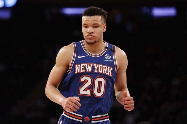 NEW YORK, NEW YORK - MARCH 04: Kevin Knox II #20 of the New York Knicks during a game against the Utah Jazz at Madison Square Garden on March 04, 2020 in New York City. (Photo by Michael Owens/Getty Images)