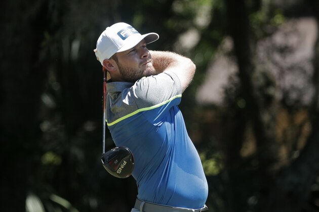 Tyrrell Hatton hits off the second tee during the third round of the RBC Heritage golf tournament, Saturday, June 20, 2020, in Hilton Head Island, S.C. (AP Photo/Gerry Broome)