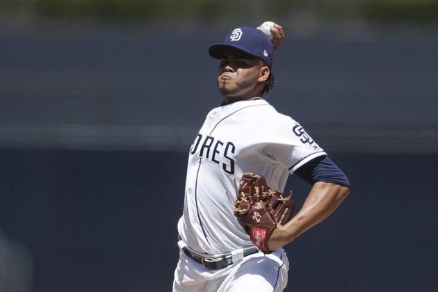 San Diego Padres starting pitcher Dinelson Lamet works against a Chicago Cubs batter during the first inning of a baseball game Thursday, Sept. 12, 2019, in San Diego. (AP Photo/Gregory Bull)