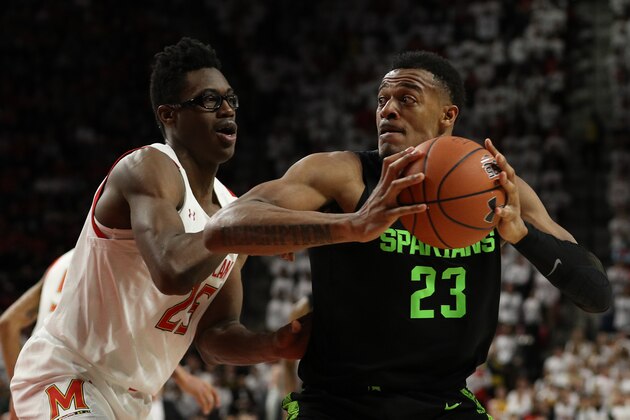 COLLEGE PARK, MARYLAND - FEBRUARY 29: Xavier Tillman #23 of the Michigan State Spartans in action against the Maryland Terrapins during the first half at Xfinity Center on February 29, 2020 in College Park, Maryland. (Photo by Patrick Smith/Getty Images)