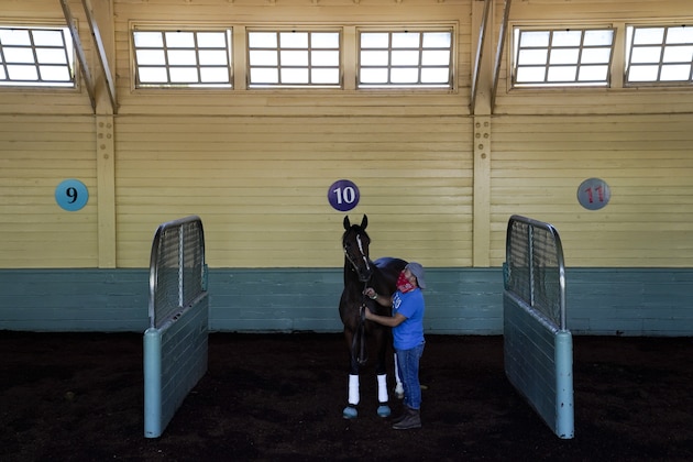 In this Friday, May 22, 2020 photo, a groom wearing a face mask readies a horse for racing at Santa Anita Park in Arcadia, Calif. Horse racing returned to the track after being idled for one and a half months because of public health officials' concerns about the coronavirus pandemic. (AP Photo/Ashley Landis)