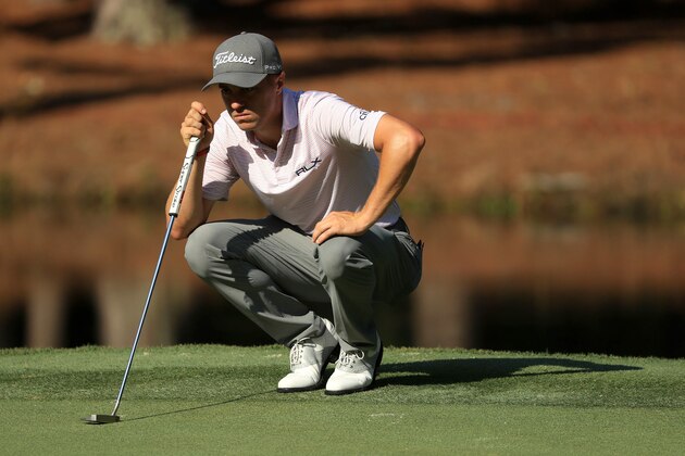 HILTON HEAD ISLAND, SOUTH CAROLINA - JUNE 19: Justin Thomas of the United States lines up a putt during the second round of the RBC Heritage on June 19, 2020 at Harbour Town Golf Links in Hilton Head Island, South Carolina. (Photo by Streeter Lecka/Getty Images)
