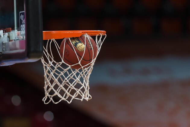 MUENCHEN, GERMANY - JUNE 08: (BILD ZEITUNG OUT) A basketball is seen flying through a basketball hoop at the BBL final tournament, EWE Baskets Oldenburg vs. ratiopharm ulm on June 08, 2020 in Muenchen Germany. (Photo by Harry Langer/DeFodi Images via Getty Images)