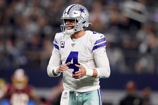 ARLINGTON, TEXAS - DECEMBER 29: Dak Prescott #4 of the Dallas Cowboys celebrates in the third quarter against the Washington Redskins in the game at AT&T Stadium on December 29, 2019 in Arlington, Texas. (Photo by Tom Pennington/Getty Images)