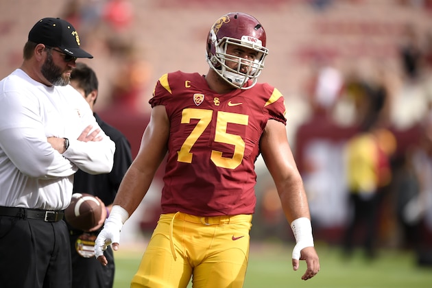Southern California center Max Tuerk before the start of first half of an NCAA college football game against Idaho, Saturday, Sept. 12, 2015, in Los Angeles. (AP Photo/Gus Ruelas)