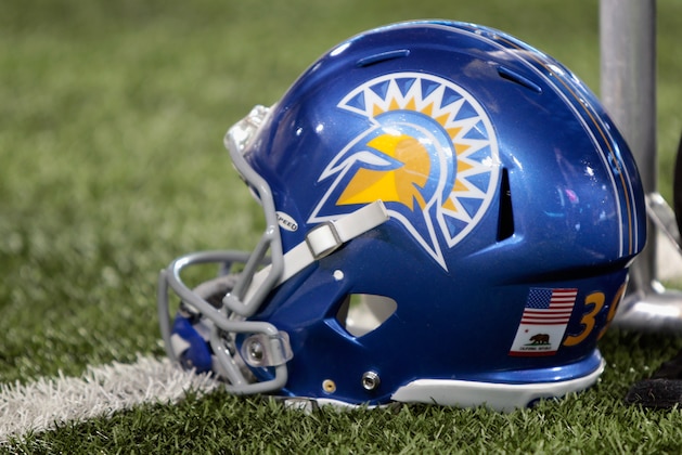 PULLMAN, WA - SEPTEMBER 08:  A San Jose State Spartans helmet sets on the field during the game against the Washington State Cougars at Martin Stadium on September 8, 2018 in Pullman, Washington.  Washington State defeated San Jose State 31-0.  (Photo by William Mancebo/Getty Images)