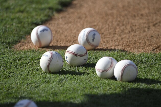 ANAHEIM, CA - JULY 17: Baseballs on the infeild during batting practice between the Los Angeles Angels of Anaheim and Houston Astros at Angel Stadium of Anaheim on July 17, 2019 in Anaheim, California. Astros won 12-2. (Photo by John McCoy/Getty Images)